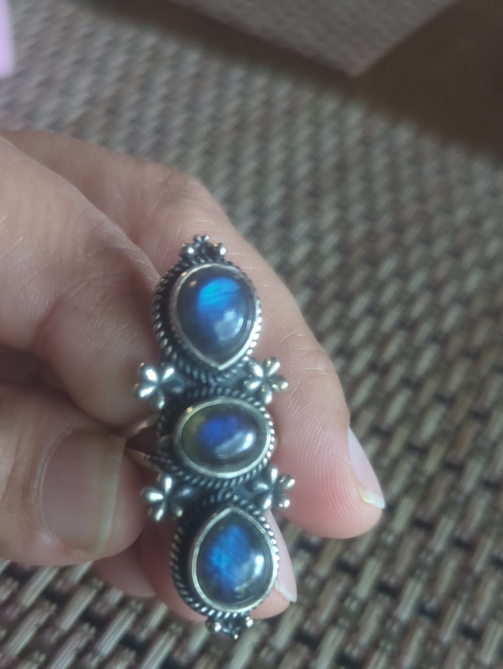 Sterling Silver Blue Labradorite Triple Stone Ring
